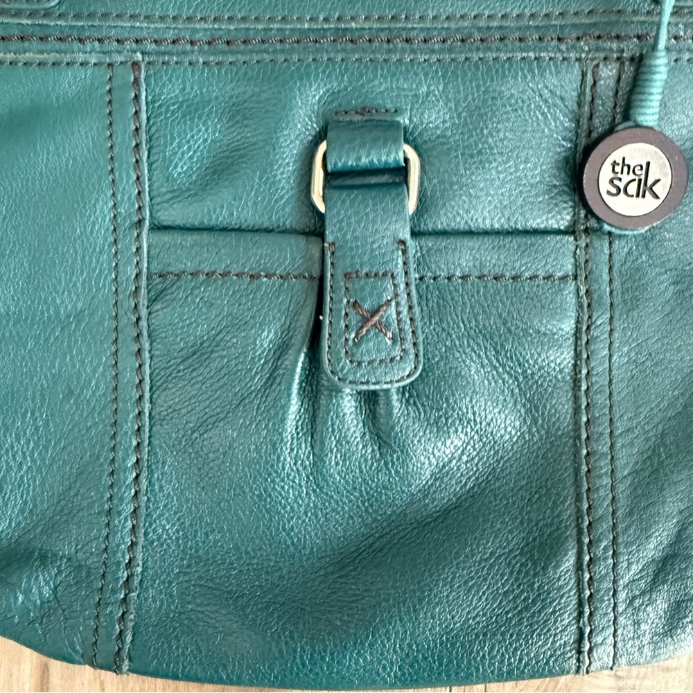 The SAK Vintage Crossbody Purse Bag Leather Turquoise Blue Fabric Strap - Picture 3 of 16